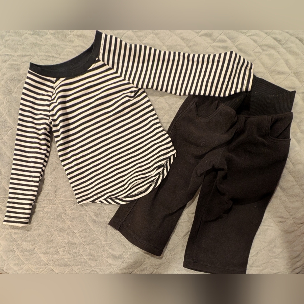 18M Striped Long Sleeve Shirt and Black Fleece Pants Set